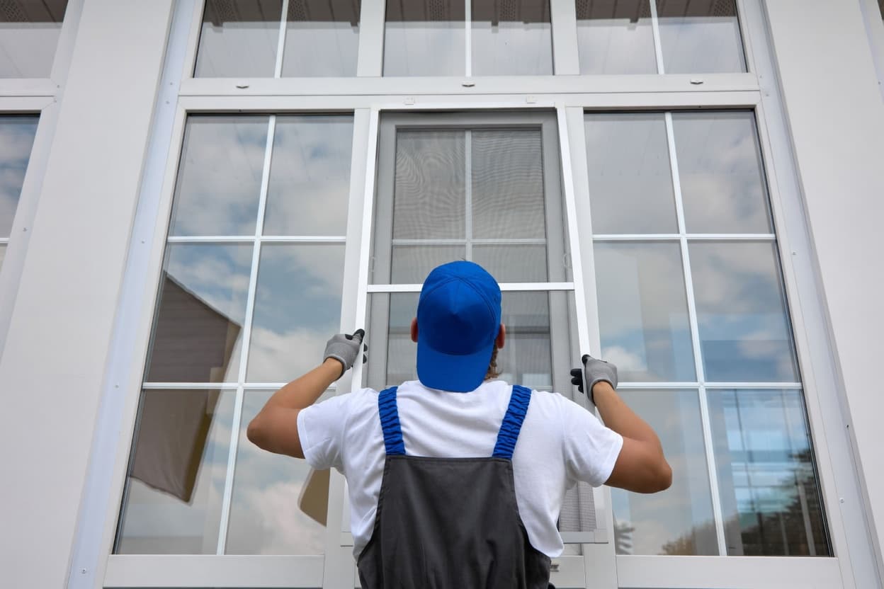 Contractor assessing windows before home window tinting installation in Mesa AZ